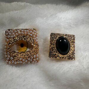Surrealist Gold Eye & Black Onyx Square Stud Earrings with Pearls